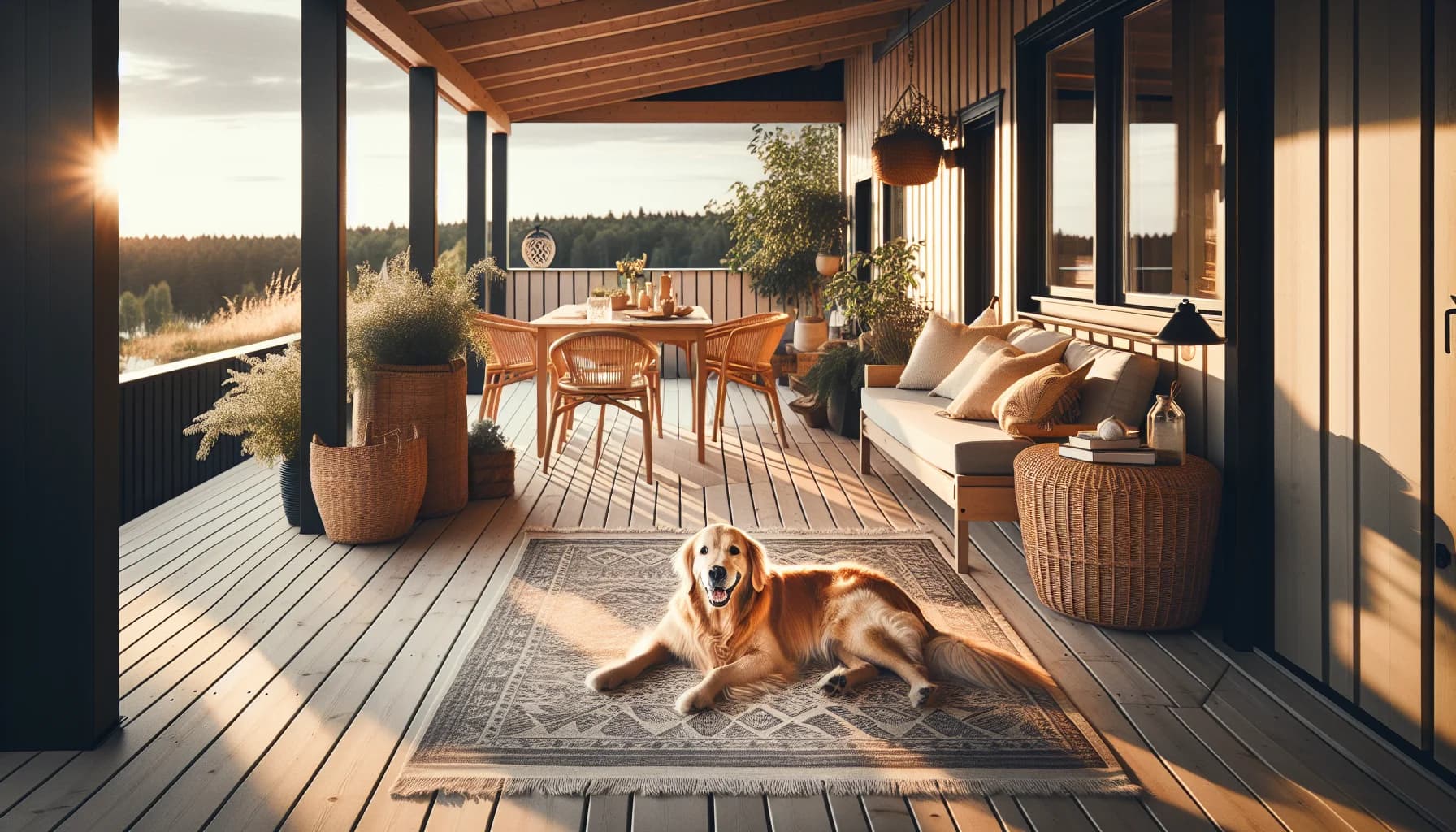 Hund som ligger på utematta på altan