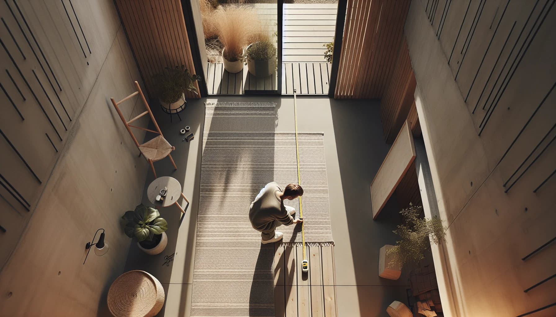 Person som mäter balkong inför köp av utematta