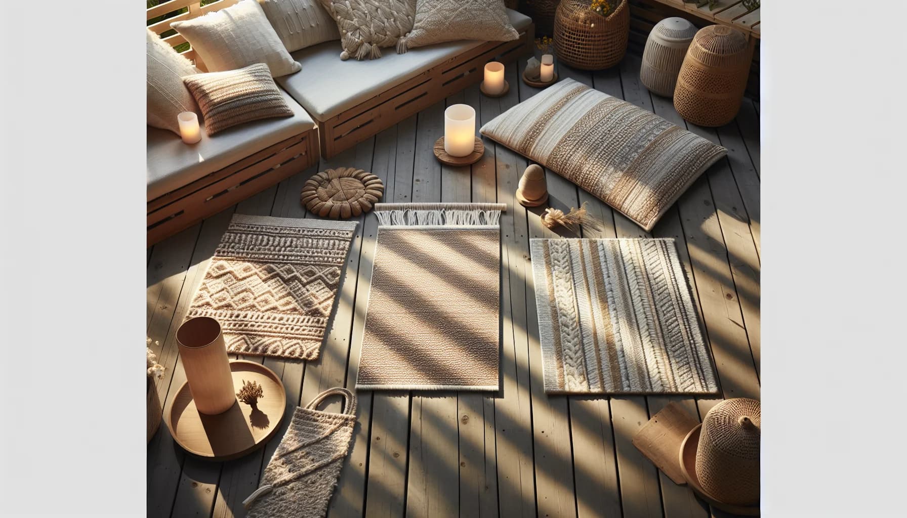 Tre olika utemattor i polypropen, plast och återvunnet material sida vid sida