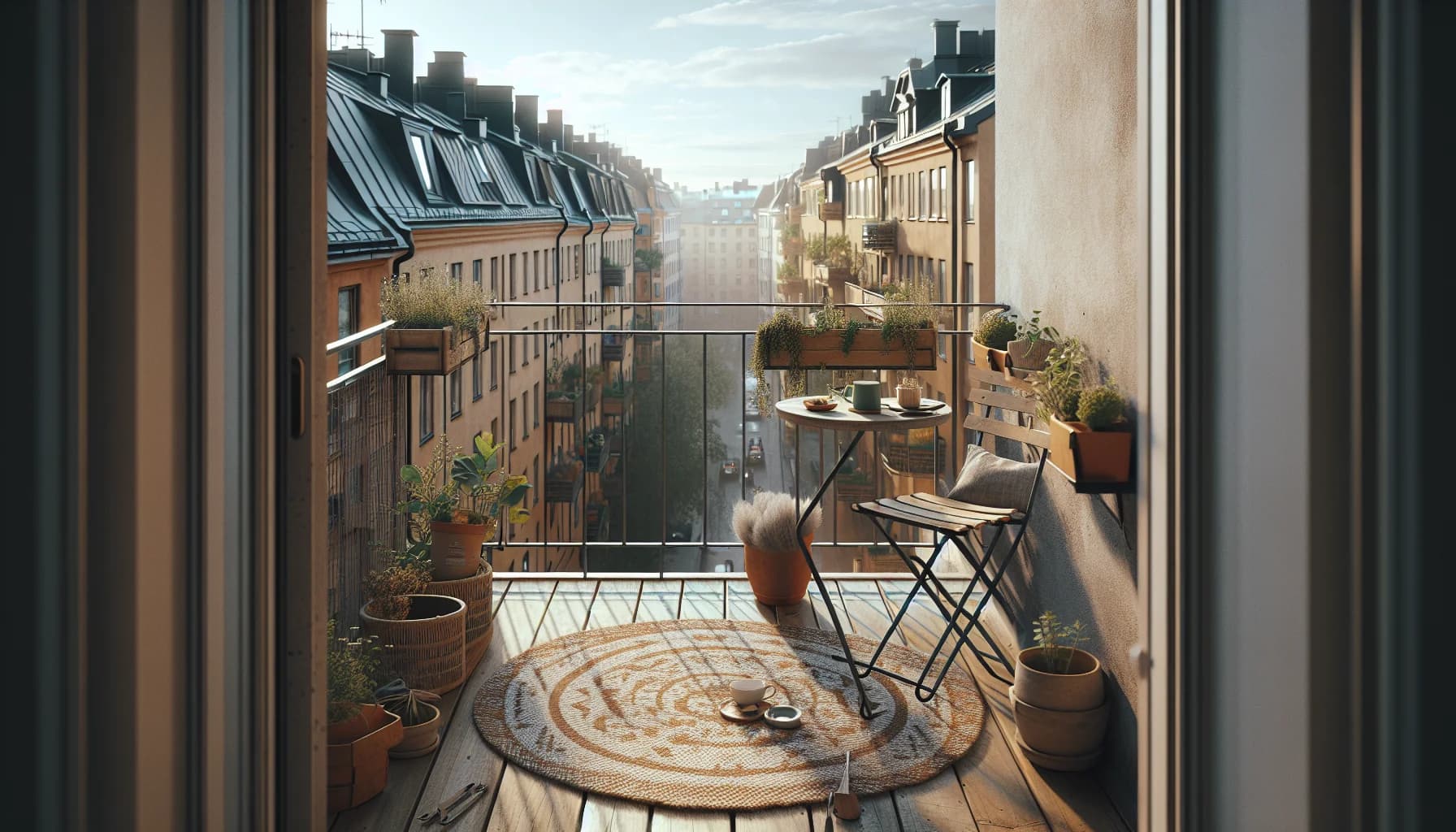 Utematta på en liten balkong med caféstol och gröna växter i sommarsol