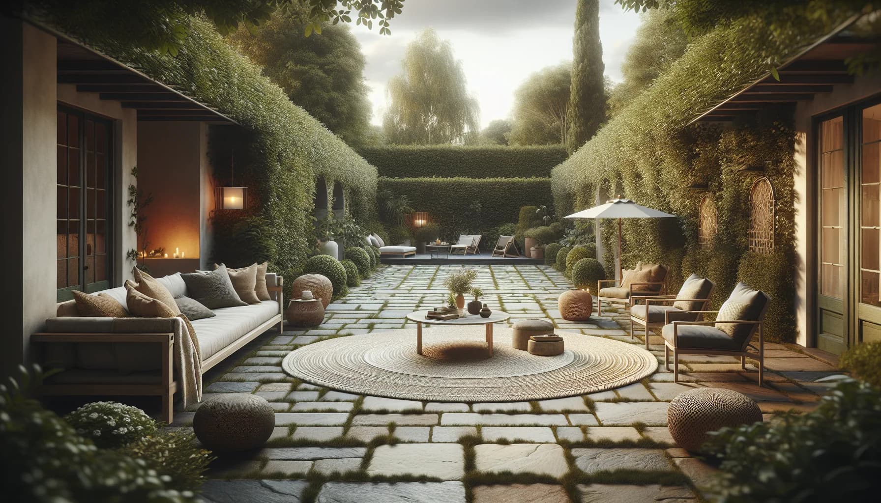 Utematta på uteplats med stenplattor och loungegrupp i trädgård