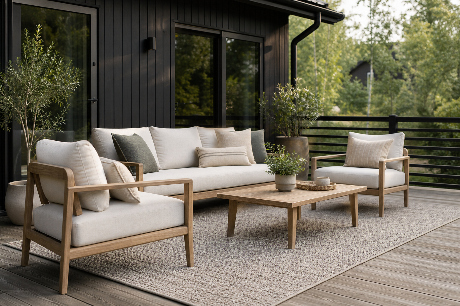 Stor utematta under loungegrupp med soffa, bord och fåtöljer på altan