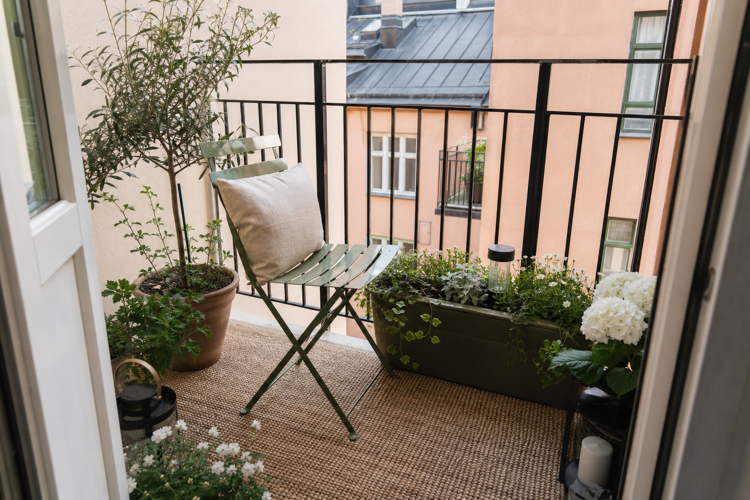 Mysig liten balkong med utematta som definierar hela sittgruppen