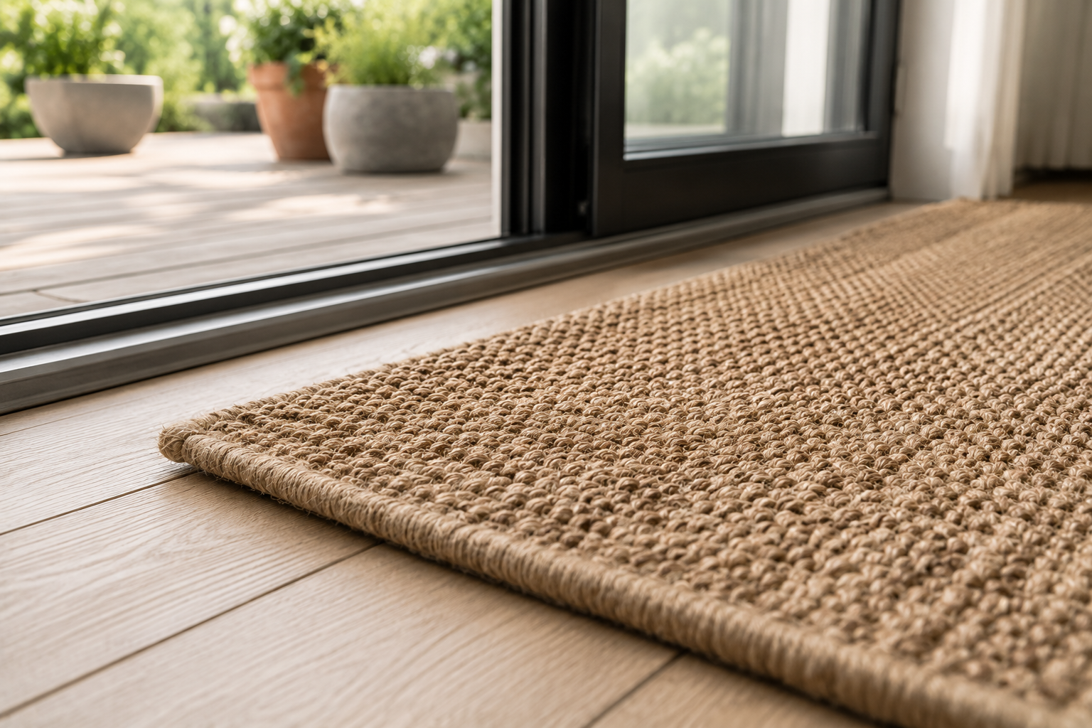 Sisalutomhusmatta med karaktäristisk grov fibertextur i halvskuggat läge
